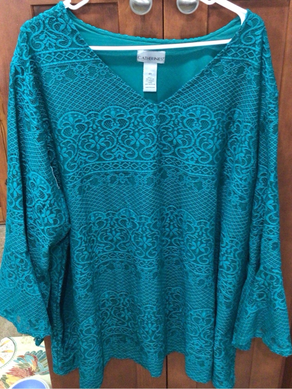 Catherines Teal Lace-Pattern V-Neck Tunic with Flared Sleeves 4X